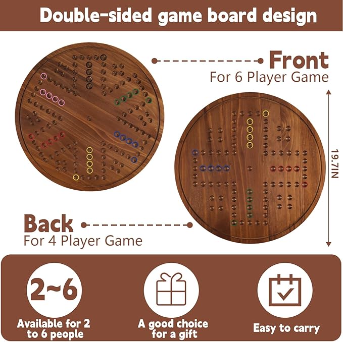 Circular Large Marble Board Game with Double-Sided Painted Wooden Fast Track Board Game with 24 Marbles 6 Dice4-Player Game 6-Player Game Universal Original Natural Marble (Burnt Color)