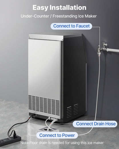 VEVOR Commercial Ice Maker Machine, 100 lbs/24h with 30 lbs Storage Capacity, Built-in/Freestanding/Under Counter, Stainless Steel Ice Maker with LED Display & Self-Cleaning, for Home Bar Restaurant