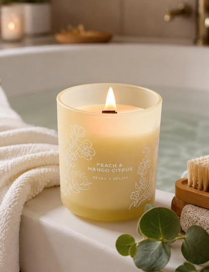 Peach Mango Citrus Candle, 10.6oz Wood Wick Soy Scented Candles for Home, Juicy Tropical Scent, Highly Scented Aromatherapy Relaxation Candle, Summer Gift for Women & Men