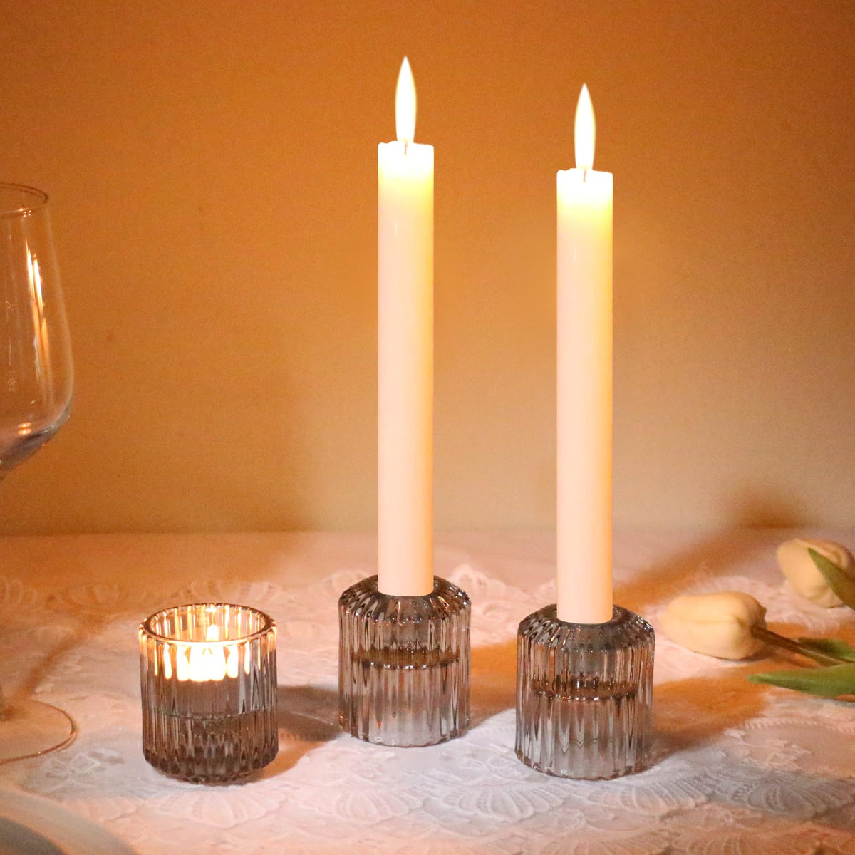 CHOCSTAY Reversible Gray Glass Candle Holder Set of 6, Thick Heat-Resistant Glass Candlestick Holders for Taper, Tealight, Votive, LED Candles, Perfect for Wedding, Party, Home Décor