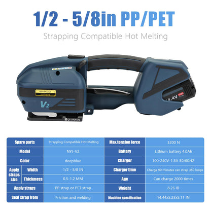 NVOYAJUAN Hand-held Electric Strapping Machine 2 × 4000mAh Batteries, 1/2-5/8in PP/PET Strapping Compatible Hot Melting, Automatic Tensioning Tool for Quick Packaging of Boxes & Pallets(NYJ-V2)