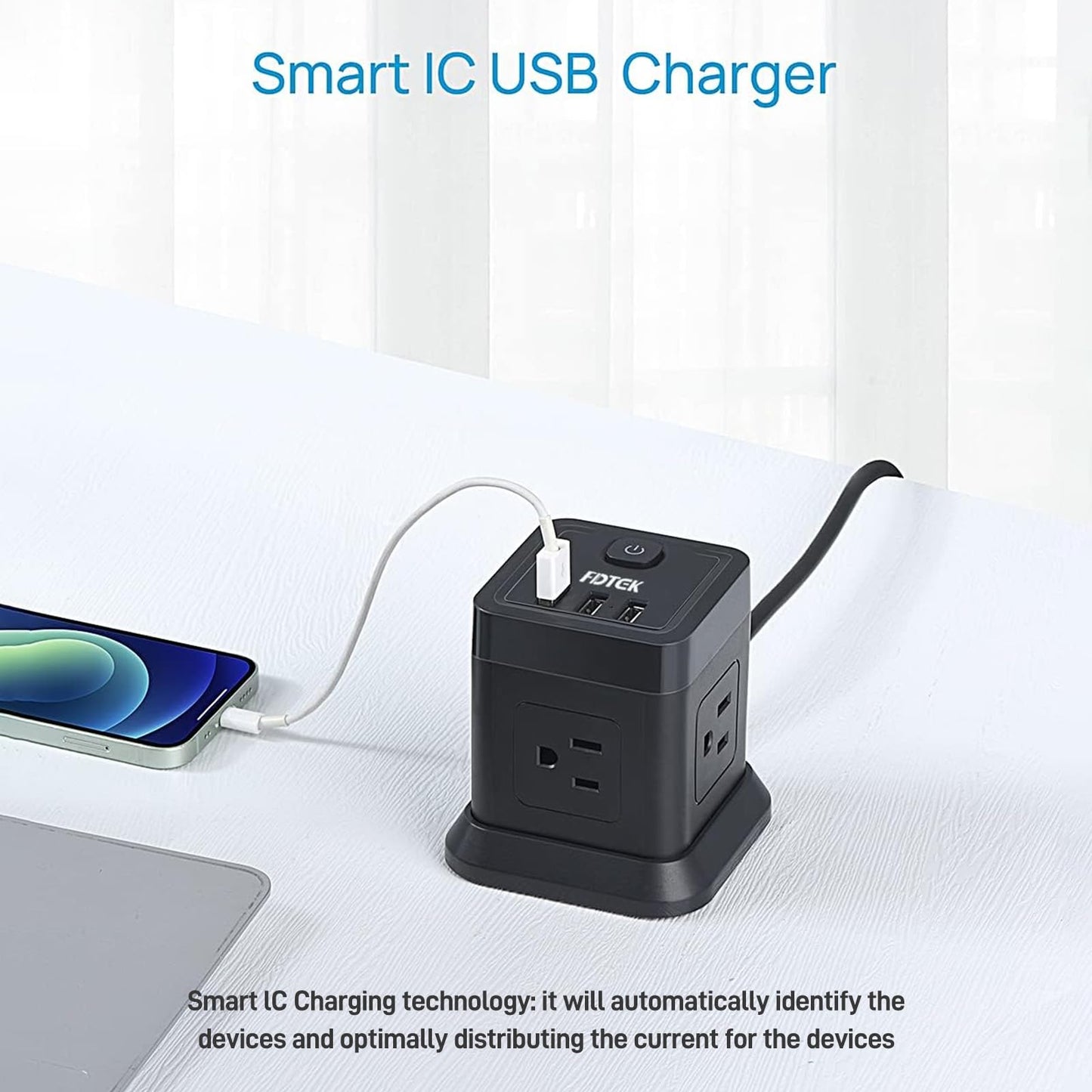 Power Strip with USB, FDTEK Flat Plug Extension Cord with 4 AC and 3 USB, 5 FT Power Cord Desktop Charging Station, Overload Protection, Compact Portable for Travel Home Office Cruise Ship - Black