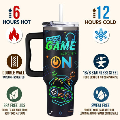 Gamer Gifts for Men from Daughter, Son, Kids, Wife - 40oz Game Tumbler With Handle and straw for Father's Day, Christmas, Birthday, Valentines Day - 40 oz Stainless Steel Tumbler for Gaming Men