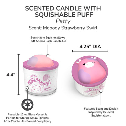 Studio Oh! x Squishmallows Scented Candle, Patty Mooody Strawberry Swirl Strawberry, Vanilla, Citrus & Freesia, 12 oz, Reusable Jar, Scented Candles for Home, Relaxing Calming Candle