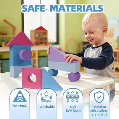 Large Building Foam Blocks for Toddlers EVA Stacking Foam Building Blocks Toy Set Non-Toxic Washable Early Learning Construction Toys &amp Gifts for Kids Boys &amp Girls (Pink Pieces 30)