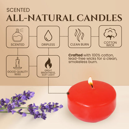 Axiom Red Floating Candles for Centerpieces - Floating Candle 2 inch Hand-Rolled Paraffin, Cotton Wicks, 4-Hour Clean Burn (Light Strawberry Scented), 24 Count
