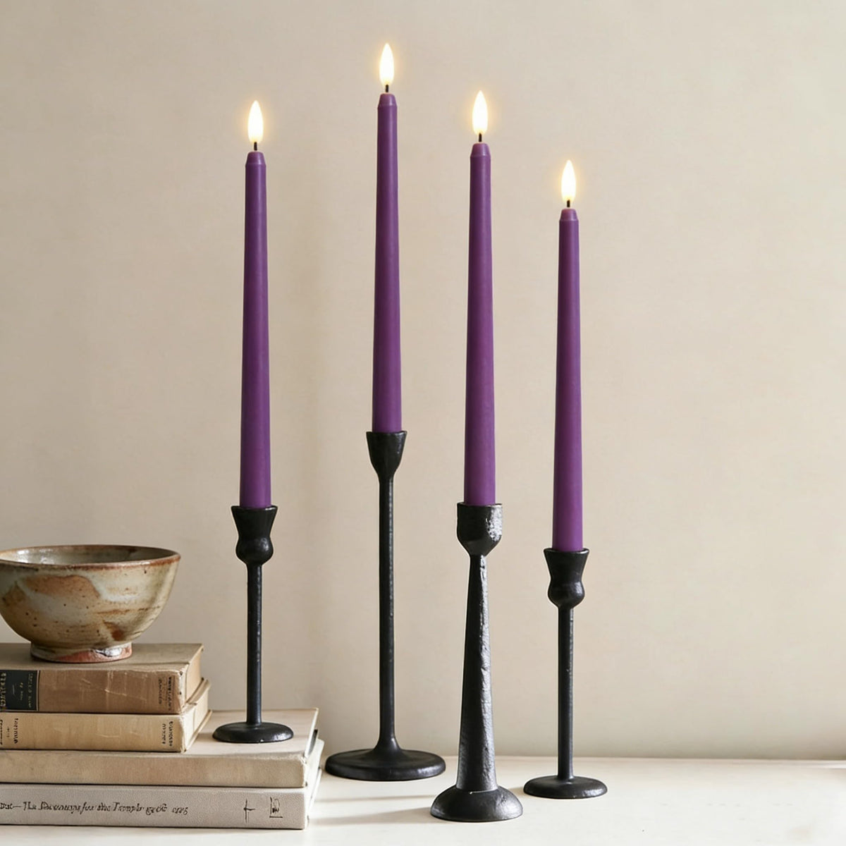 Ni-JASW Purple Flameless Taper Candles with Remote, Flickering Battery LED Candlesticks Home Decor Set of 12