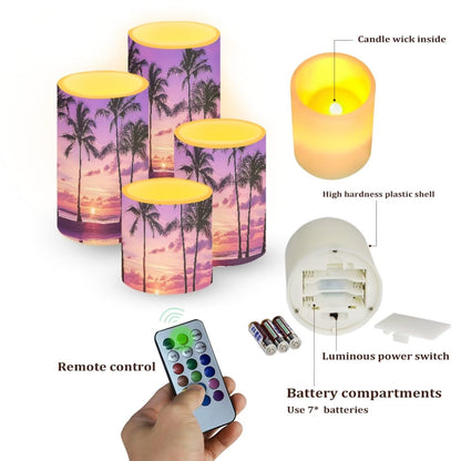 NETILGEN Tropical Palm Trees Purple Sunset LED Flickering Pillar Candles for Home Decor 4 Packs Flameless Candles with Remote and Timer