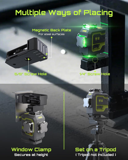 LasGoo LG-4D 16 Green Beam 4x360° Laser Level, Self-Leveling Tool with Horizontal and Vertical Dual Layout, Ideal for Construction and Picture Hanging, Magnetic Pivot Bracket Included