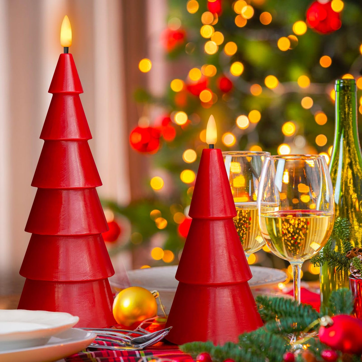 Yongmao Christmas Tree Shaped Flickering Flameless Candles Set of 2, Gold Holiday Decor, Real Wax Battery Operated LED Candles with Timer for Christmas Home Party Decoration