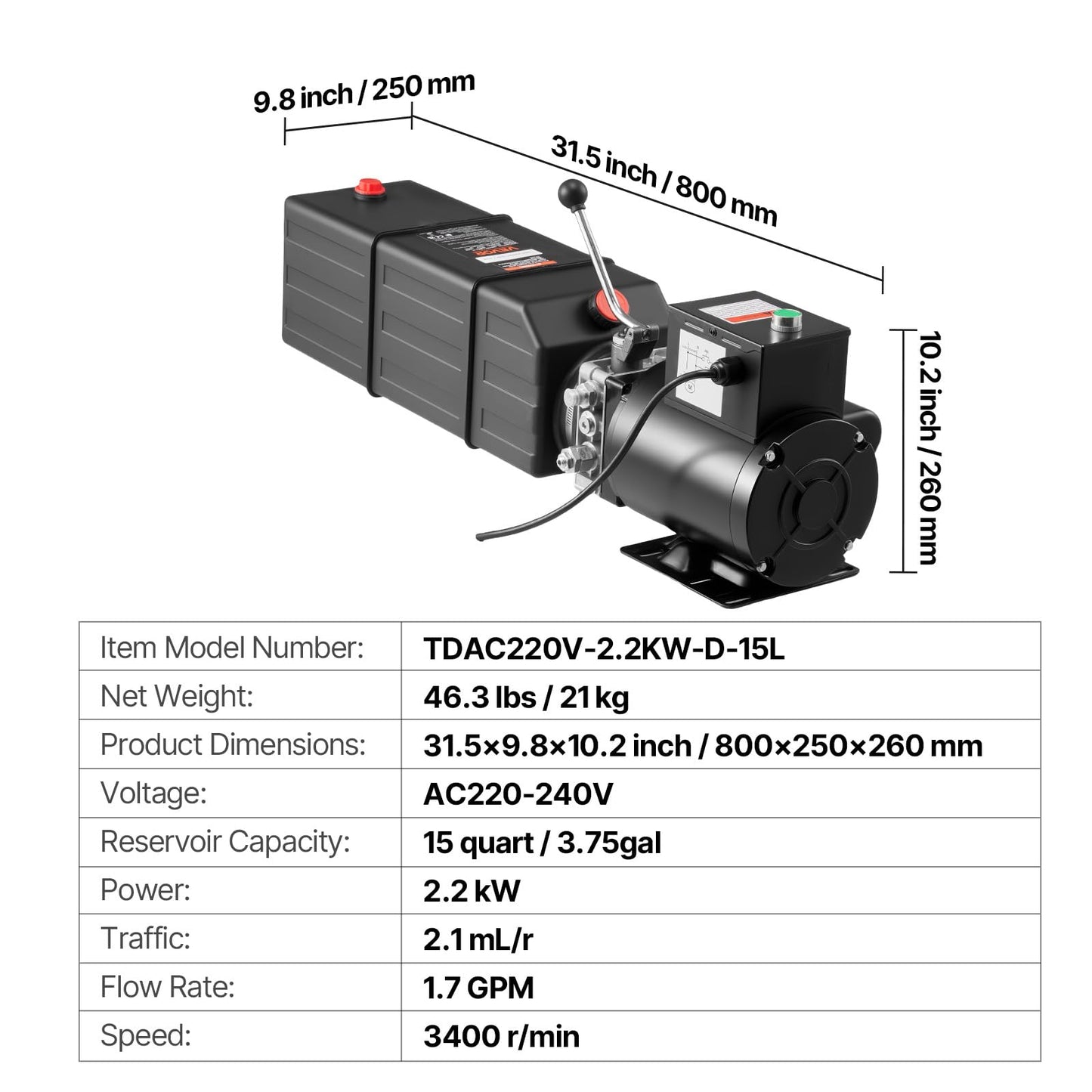 Vevor Hydraulic Pump 15 Quart Hydraulic Motor Hydraulic Lift Single Phase Car Lift 3450 RPM Dump Trailer 208-230 Volt Portable Car Lift 2 Horsepower Auto Lift Vehicle Lift Portable Power Press