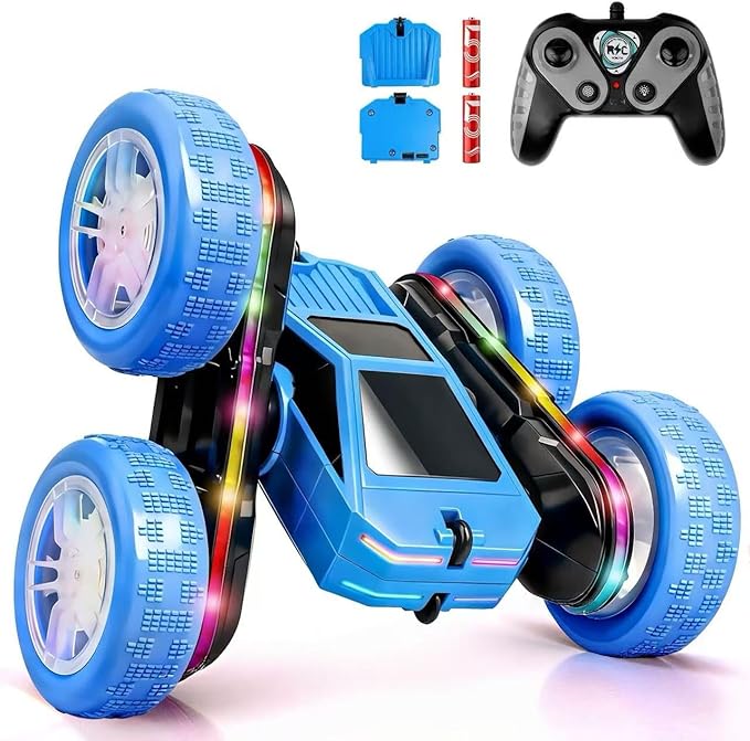 Remote Control Car Rc Cars Stunt RC Crawler Toys 4WD 360° Rotating with LED Light-Up Wheels &amp Remote Control for 6-12 for Boys Birthday Gift (Blue)