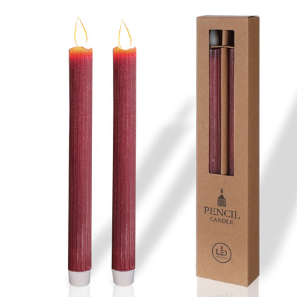 comforder Flameless Taper Candles – Flickering LED Flame with 6H Timer – Real Wax, Ribbed Design – Battery Operated Set of 2 – 10" Tall (Burgundy Red)