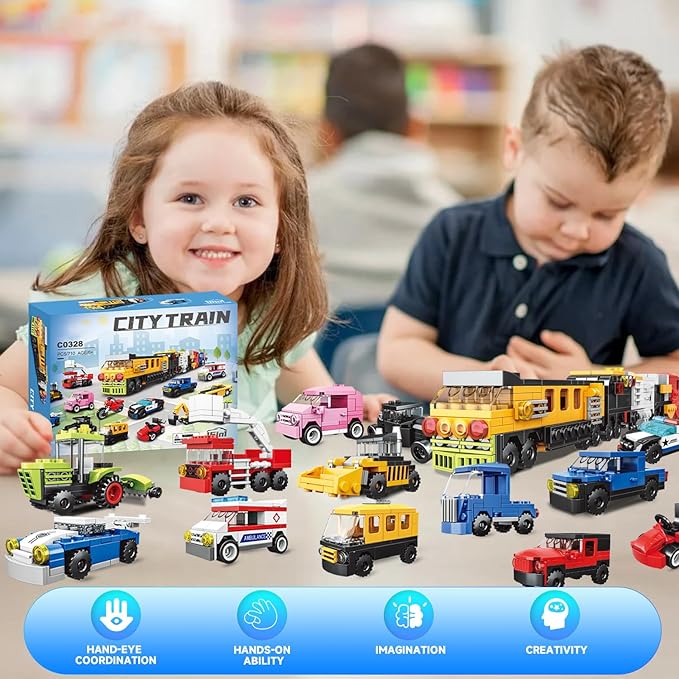 16 Pack Building Blocks Party Favors for Kids Lego-Compatible 2 in 1 710pcs Building Kits Mini City Vehicles Include Police Car &amp Train Christmas Toy Gifts Goodie Bag Filler Stuffers for Boys Gi