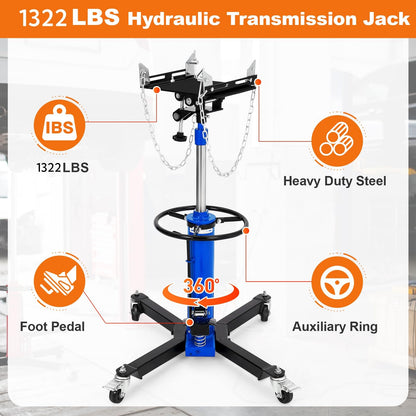 COZONY Transmission Jack, 1322lbs (3/5 Ton), 2-Stage Hydraulic Telescopic Design, Lifts 34"-68", with Foot Pedal & 360° Swivel Wheels, Ideal for Garage and Car Lifting, Blue
