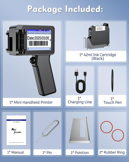 Mini 1" Handheld Inkjet Printer Gun, T1000Plus Handheld Printer Printing Height 0.08-1Inch Inkjet Coder with 42ml Fast-Drying Ink for Text QRCode/Barcode/Batch Number/Date Printer with Touch Screen