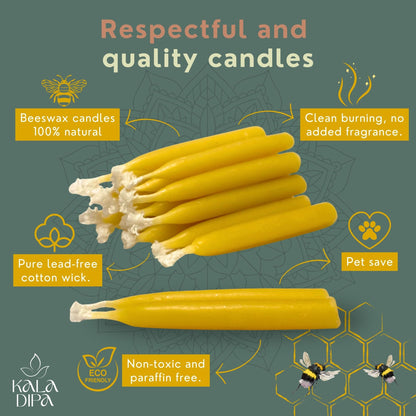 20 Minute Beeswax Meditation Candles – Set of 20 Mini Taper Candles with Brass Candle Holders, Dripless & Smokeless – Ritual, Yoga & Mindfulness Gift – KALA DIPA