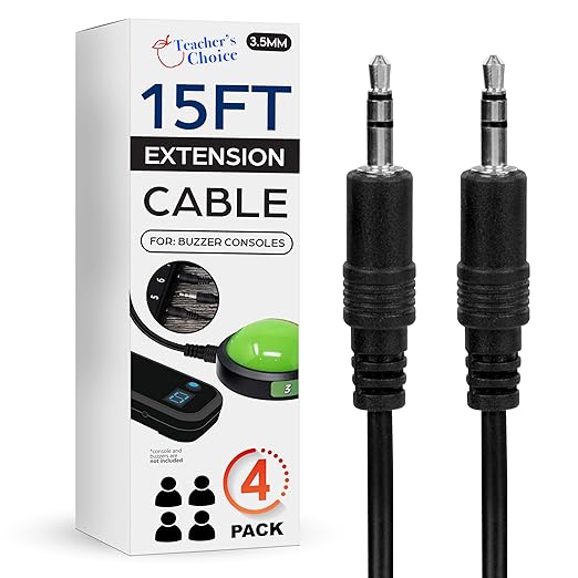 Teacher's Choice Light Up Game Buzzer System 15 Ft Extension Cables for Game Buzzer System 4-Pack