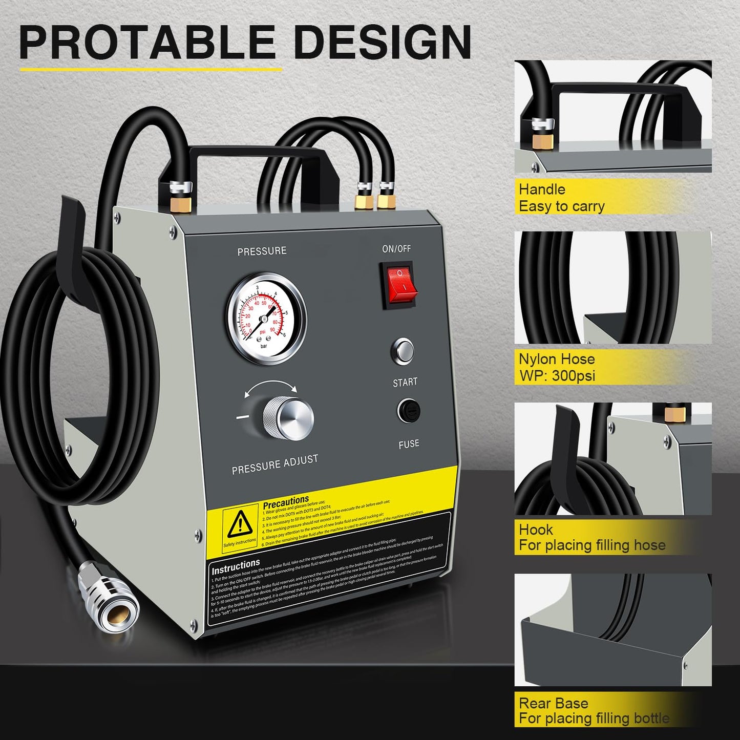 YSTOOL Electric Pulse Brake Bleeder Machine Kit with 110V AC and 12V DC Dual Purpose Clutch Bleeding Unit Master Cylinder Adapter Kit Waste Oil Bottles