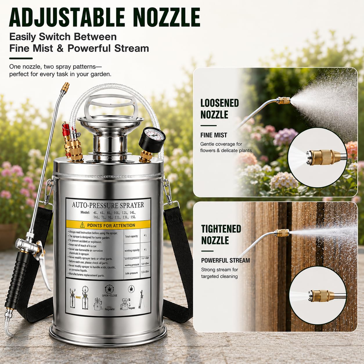 3.5 Gallon Stainless Steel Sprayer, Hand Metal Pump Up Sprayer Reinforced Hose with Pressure Gauge, Safety Valve & Adjustable Nozzle, Garden Weed Sprayers for Lawn, Gardening, Sanitizing
