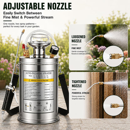 3.5 Gallon Stainless Steel Sprayer, Hand Metal Pump Up Sprayer Reinforced Hose with Pressure Gauge, Safety Valve & Adjustable Nozzle, Garden Weed Sprayers for Lawn, Gardening, Sanitizing