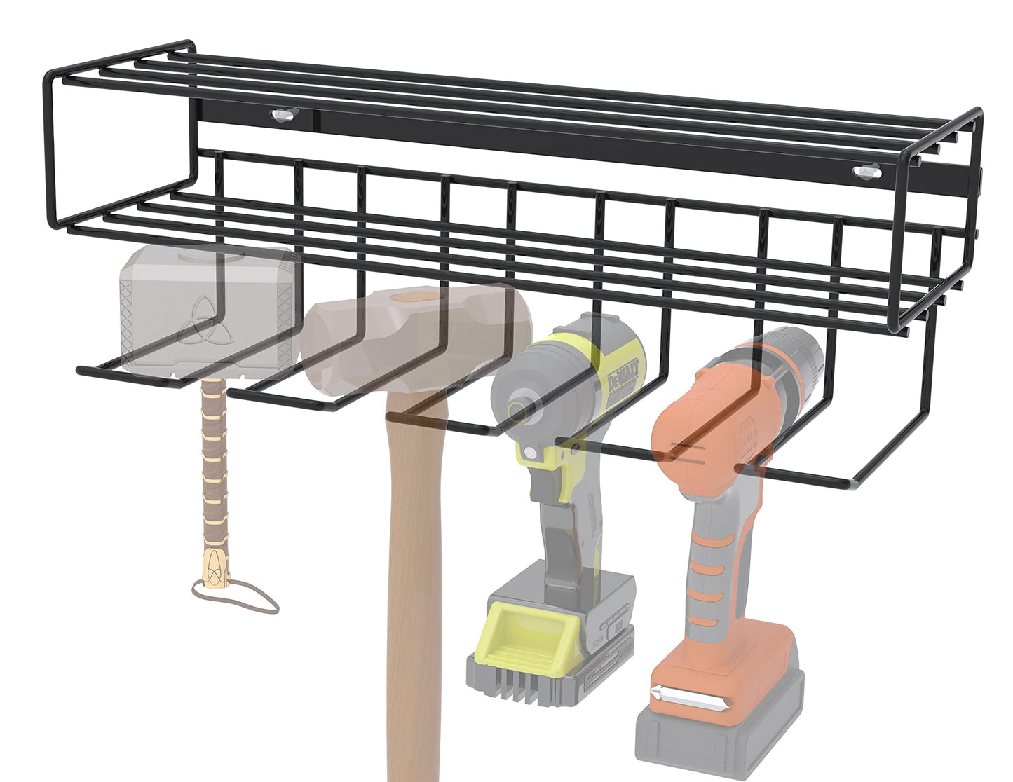 C2M Heavy Duty Floating Tool Shelf & Organizer | Wall Mounted Garage Storage Rack for Handheld & Power Tools | USA Made, 100# Weight Limit, Compact Steel Design | Perfect for Father's Day | Black