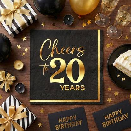 JOYGATHER Cheers to 20 Years - 50PCS Black & Gold Foil Cocktail Napkins, 3-Ply Disposable Paper 5x5 Inches 20th Birthday Decorations, Wedding, Anniversary, Party Men & Women