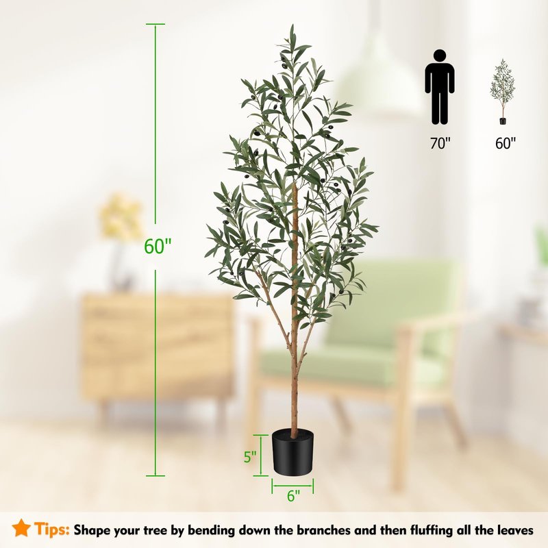 Keeplush 5ft Artificial Olive Tree, Fake Olive Tree with 420 Lifelike Olive Leaves and 30 Fruits, Faux Olive Silk Plants with Natural Wood Trunk in Pot for Living Room Bedroom Office Decor 2packs
