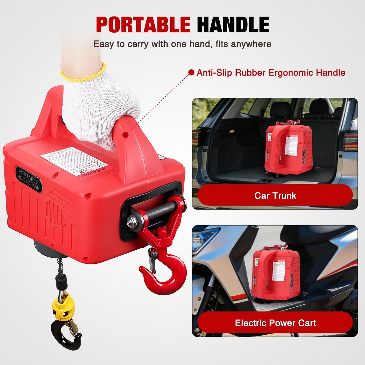 Nilight 3-in-1 Electric Hoist Winch, 660LBS 1500W Portable Power Winch Crane with Manual Wired Wireless Remote Control, 110V Electric Winch 33FT/Min Speed 39FT Height for Garage Warehouse Factory, Red