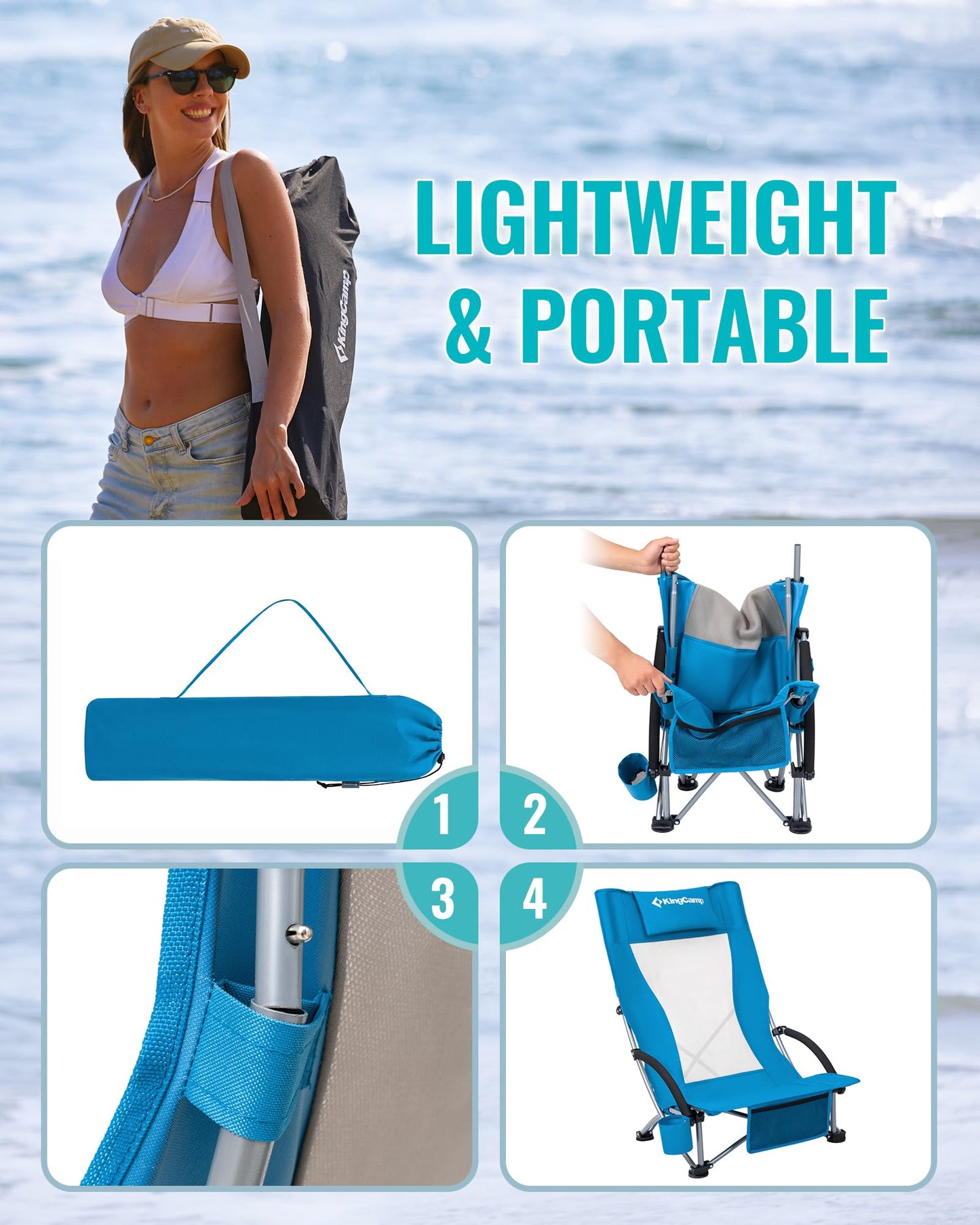 KingCamp High Back Beach Chairs for Adults, Folding Beach Chair with Cup Holder Carry Bag and Mesh Back, Blue Camping Chair for Travel Lawn Outdoor Festival