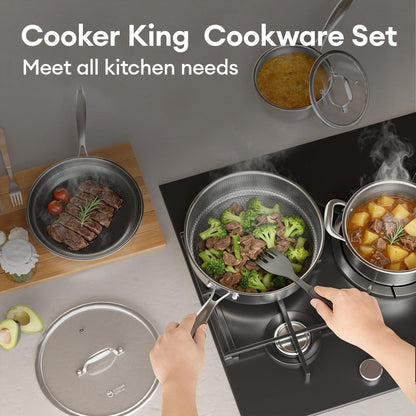 COOKER KING Stainless Steel Cookware Set, Pots and Pans Set Non Stick, Frying Pans, Saucepan, Saute Pan & Stock Pot, Non Toxic, Induction, Oven, Dishwasher Safe, PFOA Free