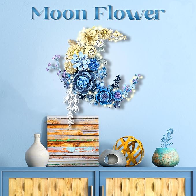 Moon Flower Building Set for Adults - 934 Pcs Light Up Botanical Kit with Lisianthus &amp Roses Artificial Flower Decoration for Home Bedroom Office Shelf Unique Gifts for Flower Lover