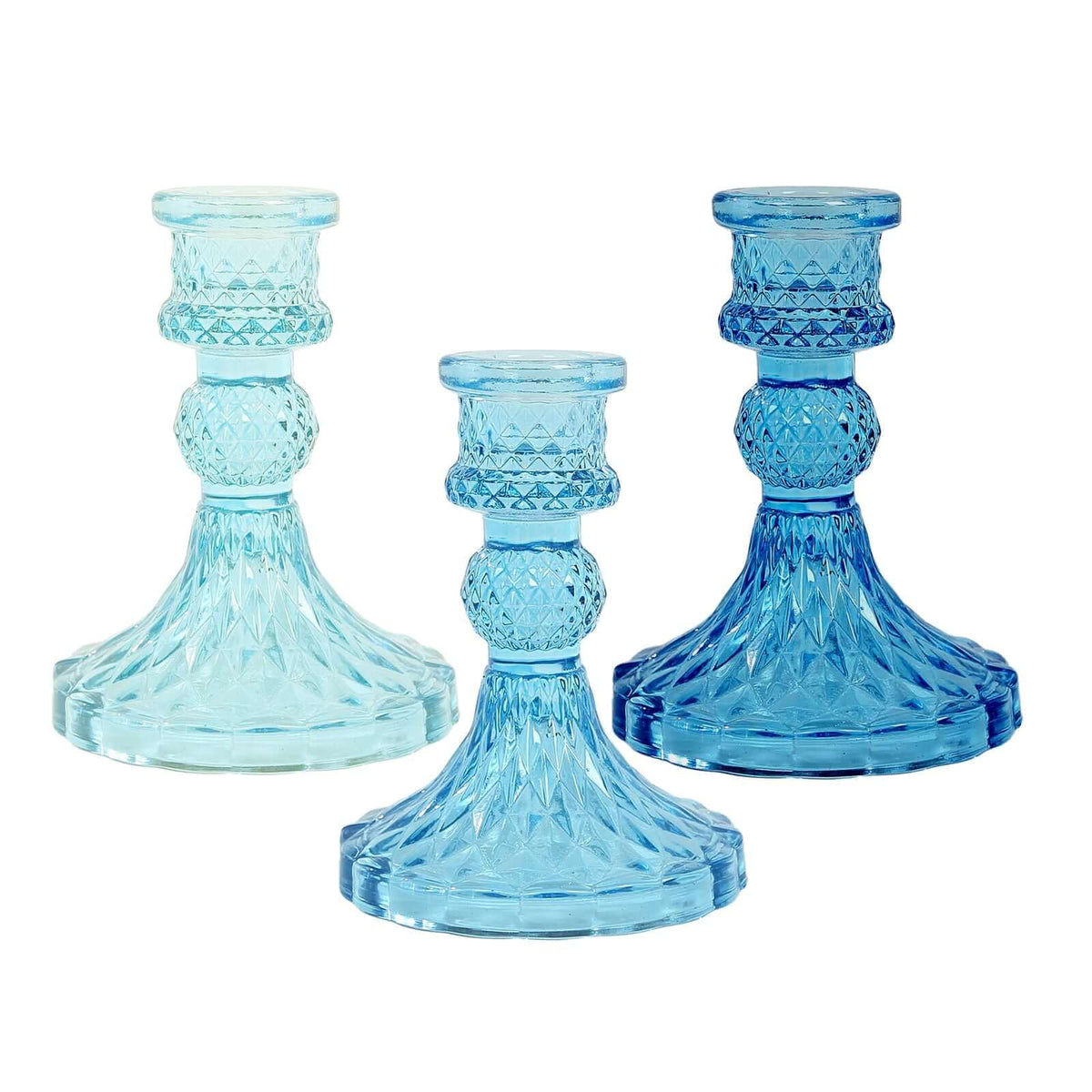 Efavormart 6 Pack Assorted Blue Glass Taper Candlestick Holders with Diamond Pattern, Reversible Crystal Pillar Votive Candle Stands - 4"
