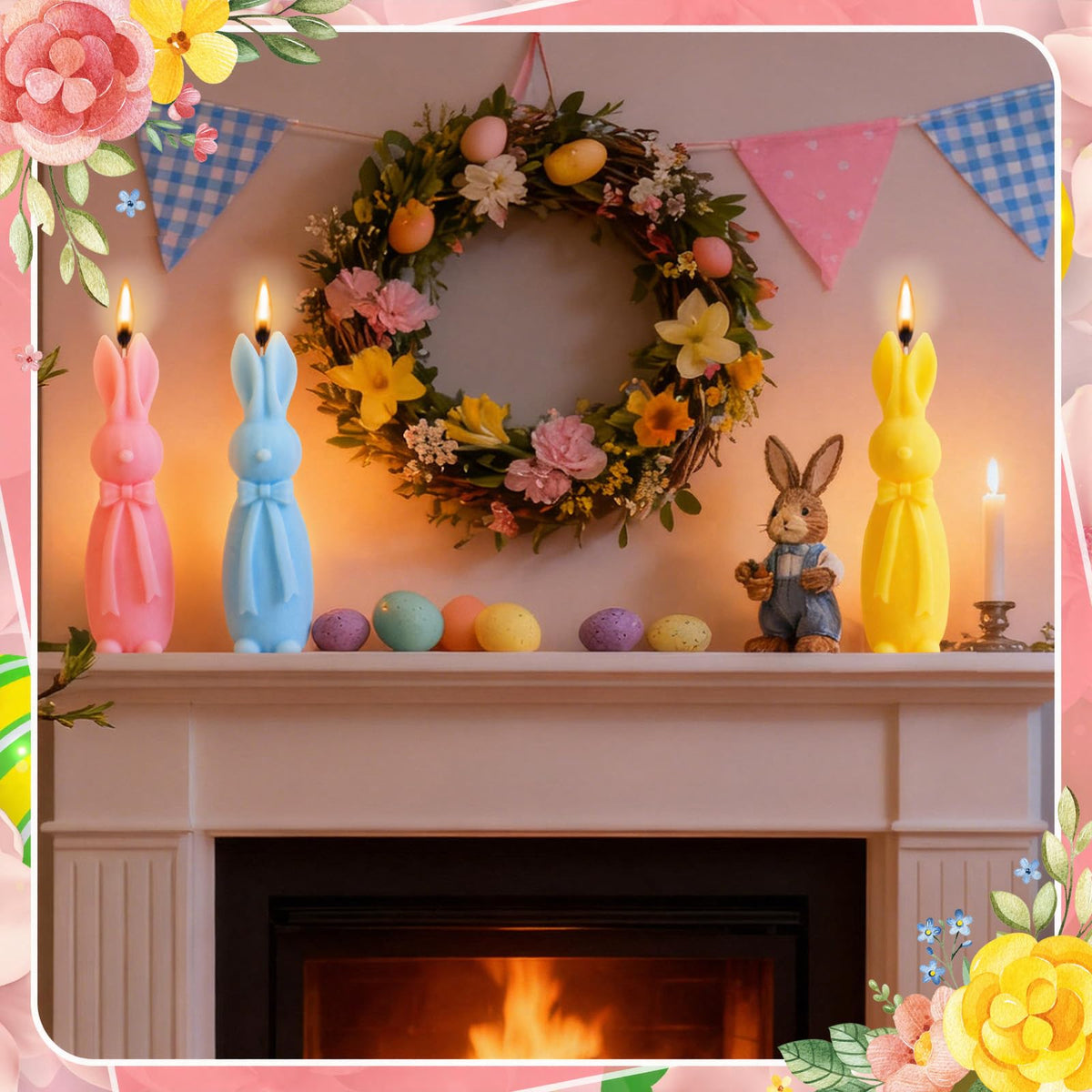 Lounsweer 3 Pcs Easter Bunny Candle Scented 5.7 Inch Pastel Mini Rabbit Shaped Votive Easter Flower & Fruit Scented Pillar Candle for Home Table Shelf Living Bedroom Party Gifts, Macaron Color