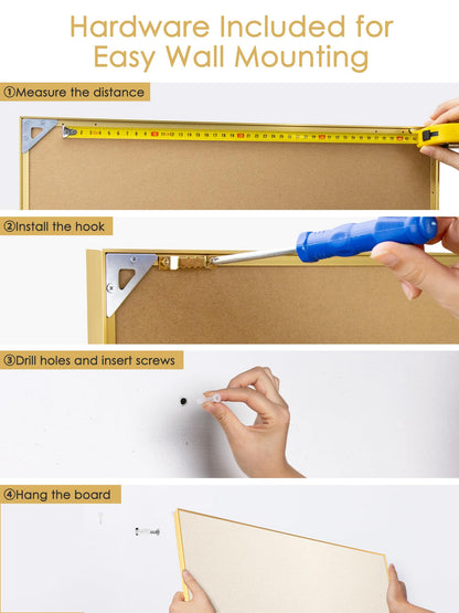 Lightomorrow Bulletin Board 24 x 18 inches, Oatmeal White Pin Board, Golden Aluminum Framed Fabric Cork Board with 10 Push Pins