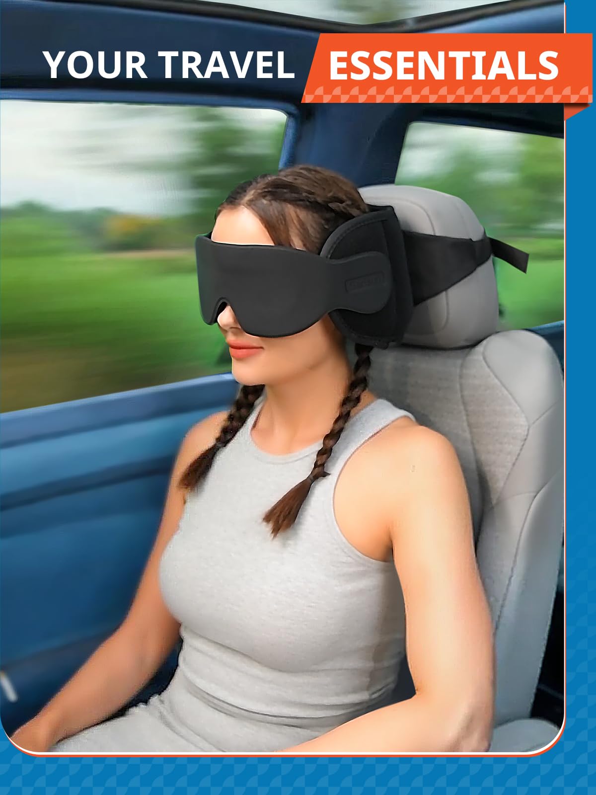 SARISUN Travel Pillow, Car Travel Pillow with 3D Eye Mask for Sleep, 360° Head Support Strap for All Car Seat, Road Trip Essentials, Stop Bobblehead, Black