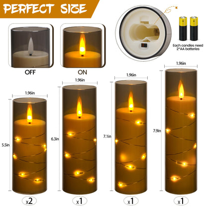 Da by 5 Pack Gray Transparent Acrylic Flameless Taper Candles, Flickering Black Wick LED Candles with Fairy String Lights, Heat Resistant Reusable ABS Candles with Remote for Home Patio Decor