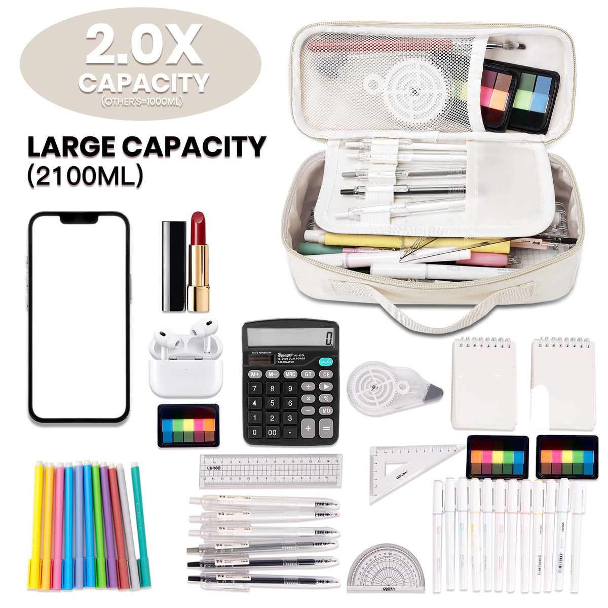 Hsmihair Big Capacity Pencil case pencil Bag Multifunctional Pencil Pouch with Compartmens, pencil box for girls boys Stationery Bag Pencil case Pouch Cosmetic 2100ML (White)