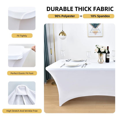 ZarzaaSik 2-Pack 4ft White Spandex Table Covers for Rectangular Folding Tables - Wrinkle Resistant Stretch Tight Table Cloths - Ultimate Fitted Table Protector for Parties, Banquet, and Wedding