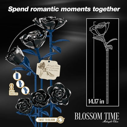 Rose Rotating Everlasting Flower Building Set Compatible Artificial Bouquet Elegant Home/Office Decor Accent for Tabletop Display Long-Lasting Home Decoration (Black)
