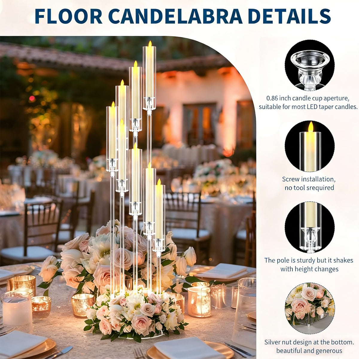 10pcs 8 Arm Acrylic Candelabra for Wedding,49inch Tall Floor Candle Holders Clear Candlesticks Holder for Housewarming Gift Fireplace Valentine's Day Birthday Party Home Decoration