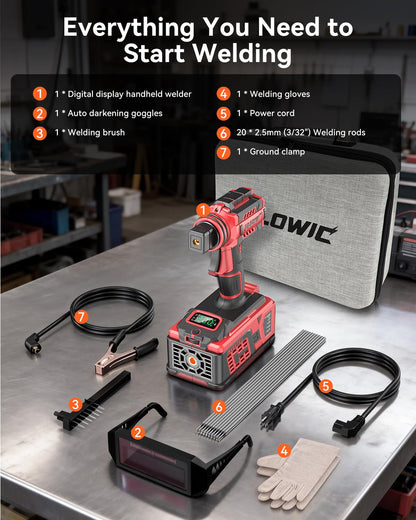 PLOWIC Portable Welding Machine:【2026 Upgraded】110V Handheld Welder with Balanced Design, LCD Display & 3 Modes (MMA/Hot Start/Arc Force), 200A IGBT Inverter ARC Welder Gun Fits 1/16"-1/8" Rods, Red