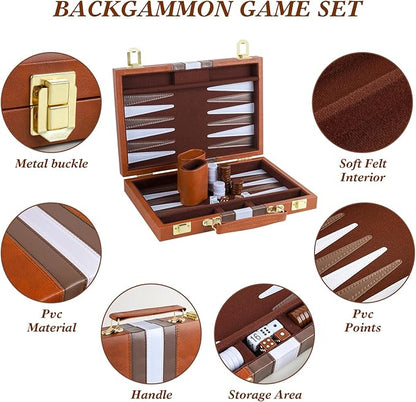 Backgammon Set 2 Players Classic Backgammon Sets for Adults Board Game with PU Leather Case Portable and Travel Backgammon Set (Brown 11inch)