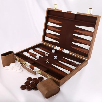 Backgammon Set - Classic Board Game with Premium Leather Case - Portable Travel Strategy Backgammon Game Set for Adults Kids (15inch Khaki)
