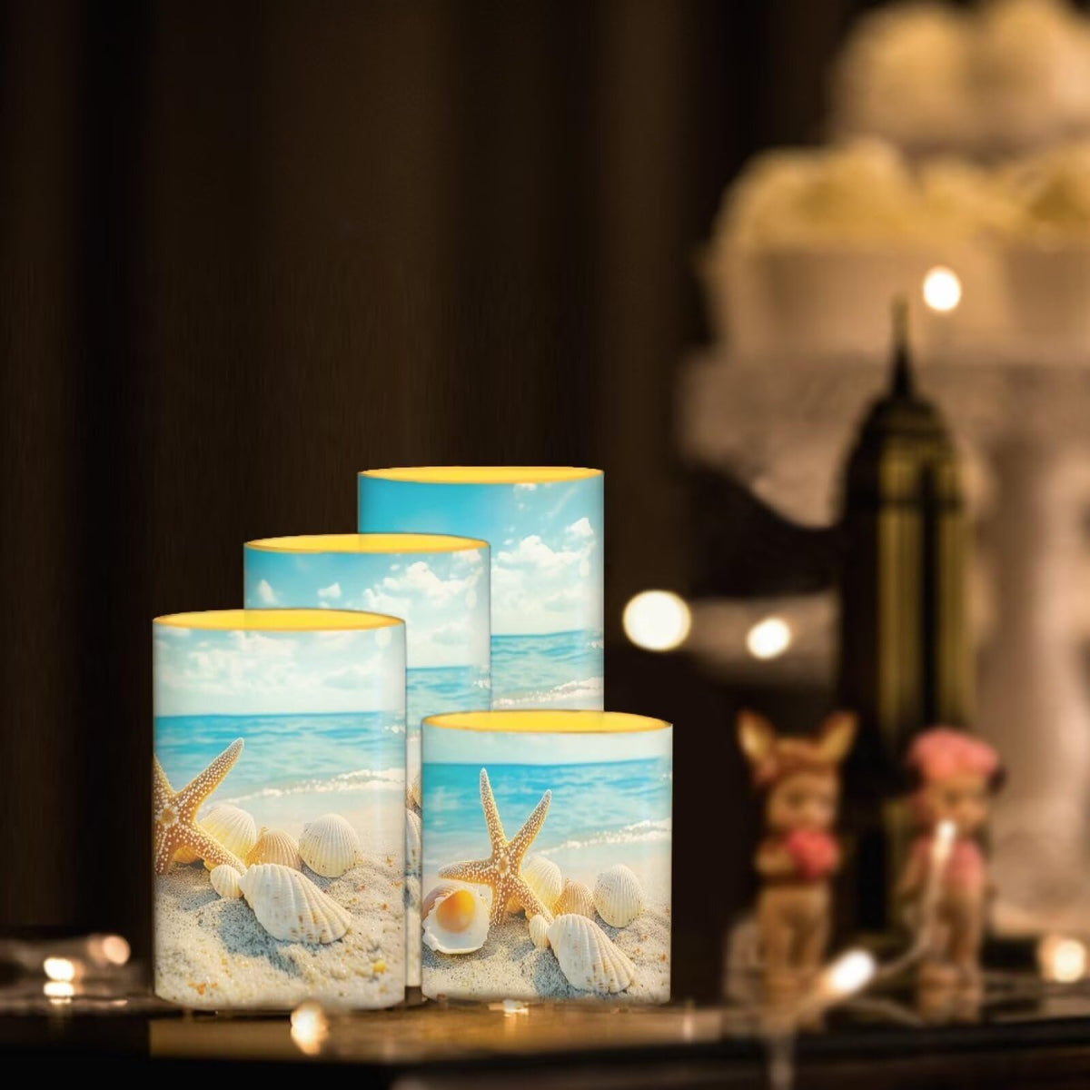 NETILGEN 4 Pcs Flameless Candles with Remote Timer Battery Operated LED Pillar Flickering Candles Beachside Seashell Starfish Print