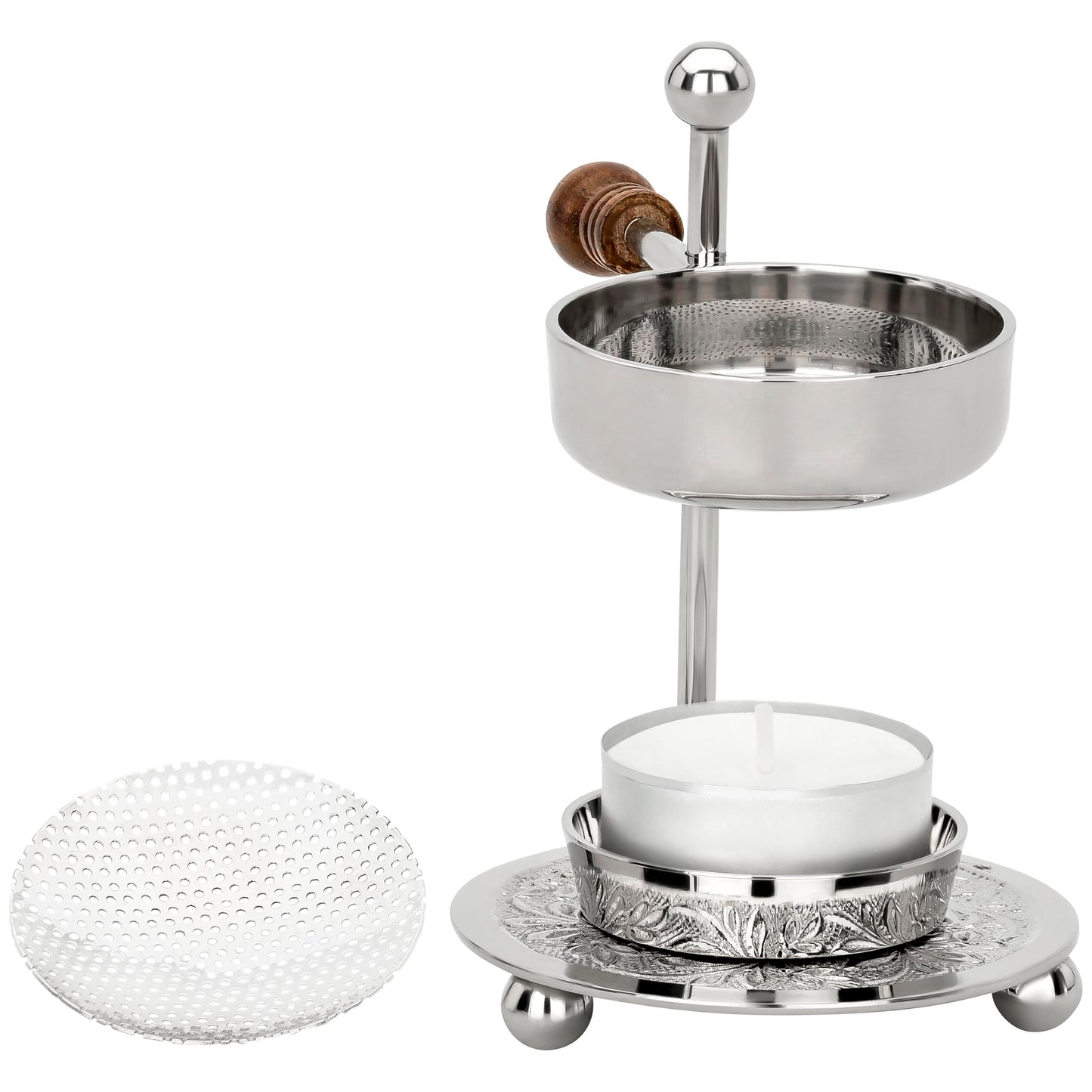 Adjustable Resin Incense Burner/Incense Censer with Tealight and Wooden Handle – HANDCRAFTET Nickel-Plated Brass, Height 4.33 inch, Durable Aromatherapy Holder for Safe Burning