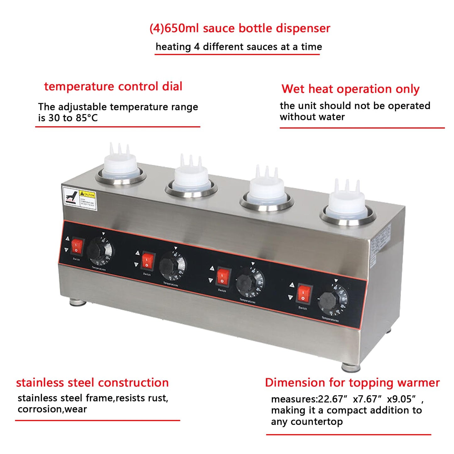 Four Heads Cheese and Chilli Warmer with Pump and Laddle(4x650ml Electric Sauce Warmer)