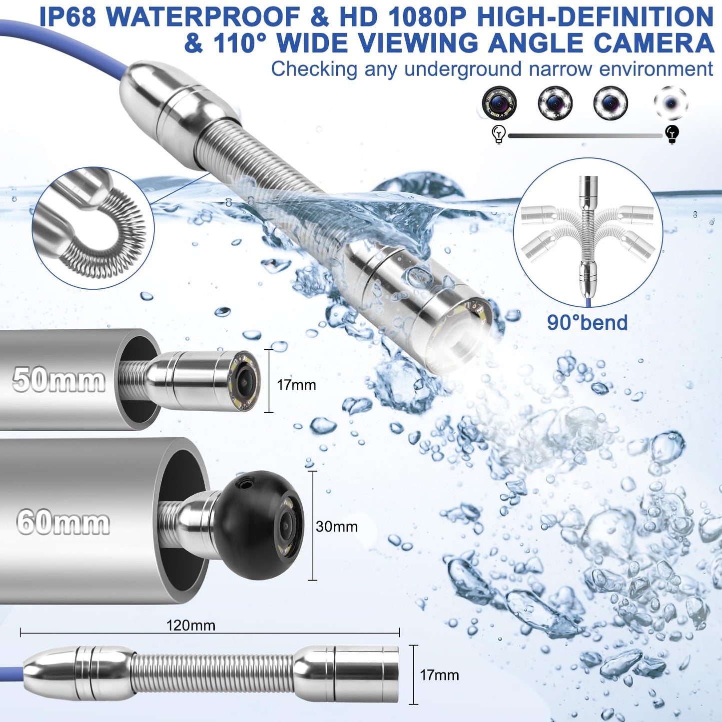 Sewer Camera w/DVR Function, 4.3" HD 1080P Screen Pipeline Inspection Camera, IP68 Waterproof Pipe Plumbing Snake Cam with 32GB Card, for Sewer Line, Home, Duct Drain Pipe Plumbing (50M/165FT)