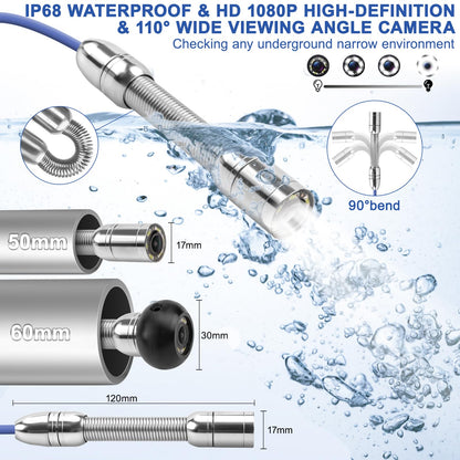 Sewer Camera w/DVR Function, 4.3" HD 1080P Screen Pipeline Inspection Camera, IP68 Waterproof Pipe Plumbing Snake Cam with 32GB Card, for Sewer Line, Home, Duct Drain Pipe Plumbing (50M/165FT)
