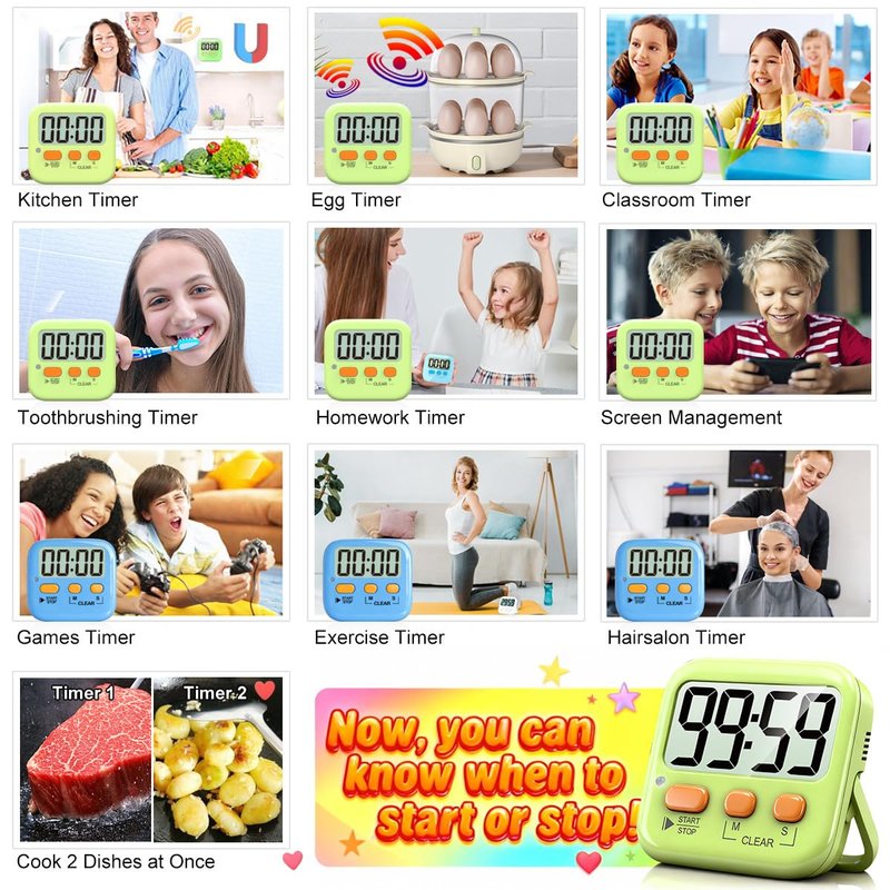 Antonki 2 Pack Digital Timer for Kids, Magnetic Countdown Kitchen Timers for Cooking, Egg, Classroom, Teacher, Exercise, Study, Oven - Battery Included